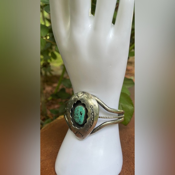 Native American Silver Turquoise Cuff Bracelet Signed - Picture 3 of 5